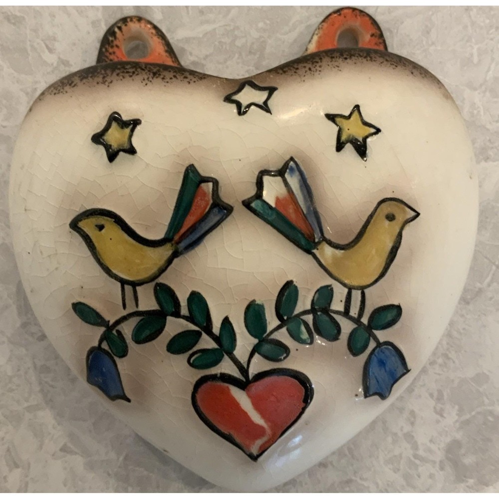 VTG Goebel Heart Shaped Ceramic Wall Pocket Love Birds Blue Bells Stars